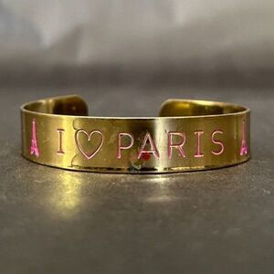 I Love Paris Brass Cuff Bracelet Pink Enamel Eiffel Tower Open Cuff